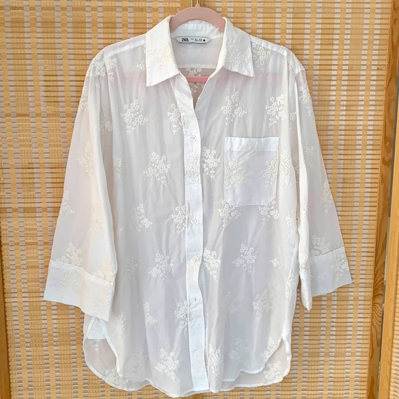 Zara Tops - Zara sheer 100% cotton white floral off white embroidery button down shirt, s L